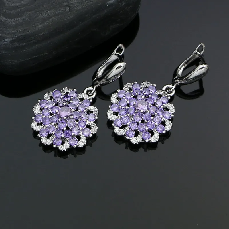 925 Sterling Silver Bridal Jewelry Set For Women Purple Cubic Zirconia Crystal Earrings/Ring/Pendant/Necklace Set