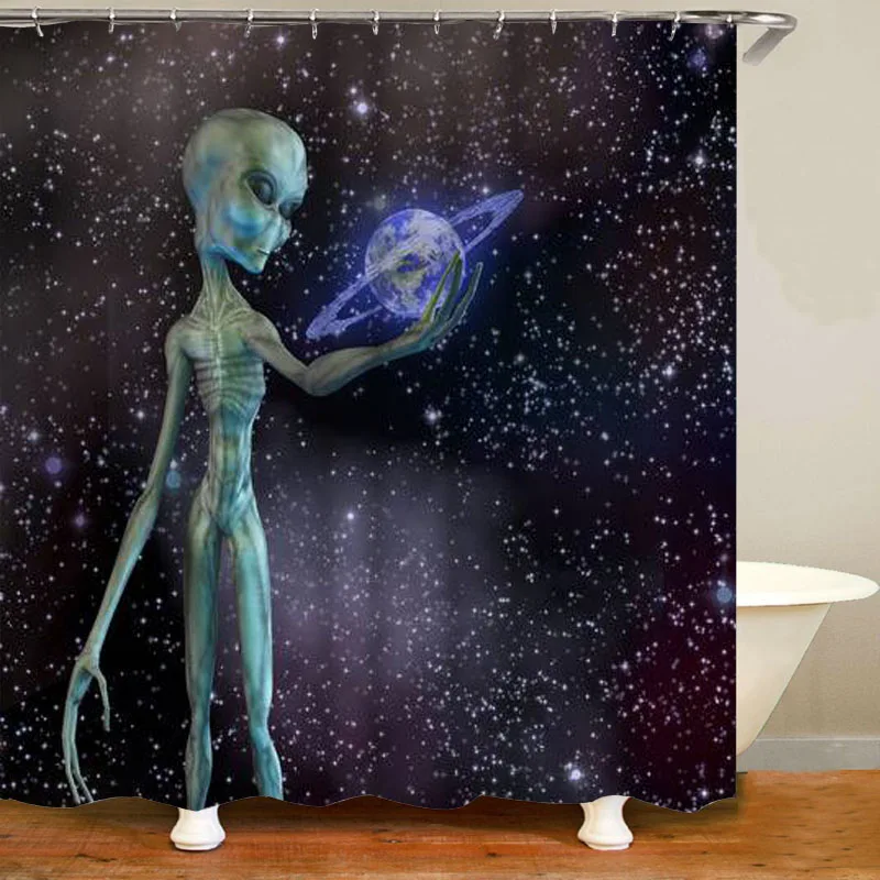 Fantasy Alien Holding Ringed Planet Shower Curtain Set 3D Bathroom Curtain Cosmos Creature Outer Space Kids Bath Rugs Home Decor