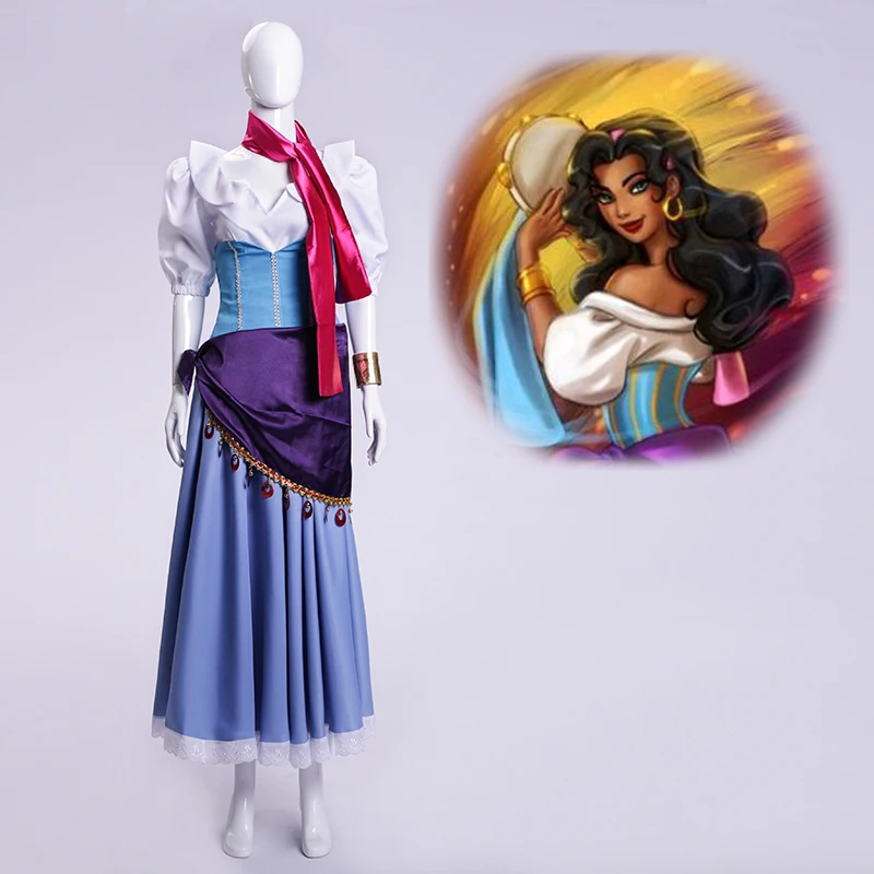 5PCS The Hunchback of Notre Dame Esmeralda Cosplay Costume Purple Blue Partywomen girl Dress Halloween Cosplay Costume and wig