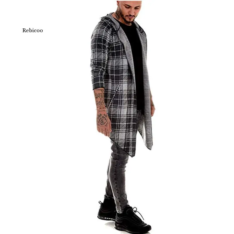 Long Coat Men Gothic Trench Coat Men Cardigan Slim Long Cloak Sweater Hooded Knitted Plaid Fashion Jacket Autumn Steampunk