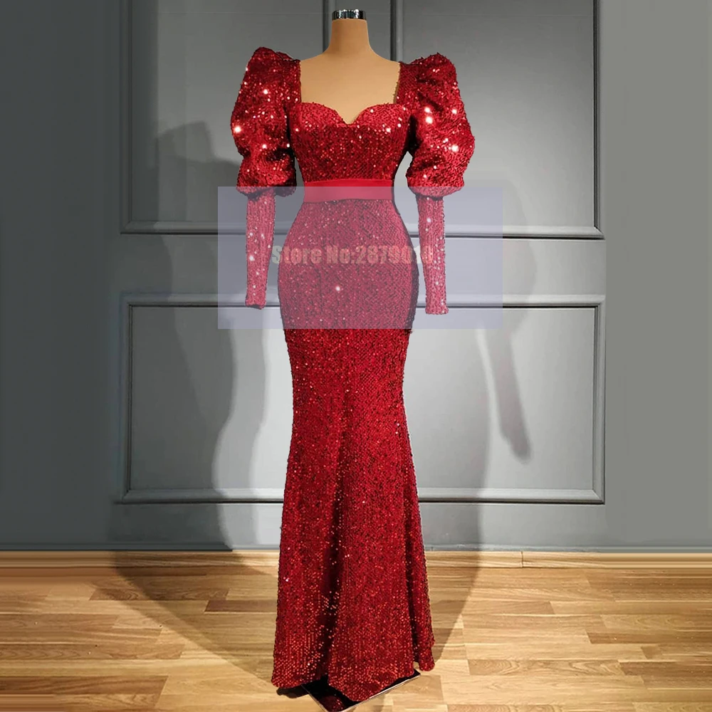 Robe de soirée sirène rouge scintillante, en paillettes, longueur au sol, manches longues, robe de bal, robe de spectacle, dubaï, 2020