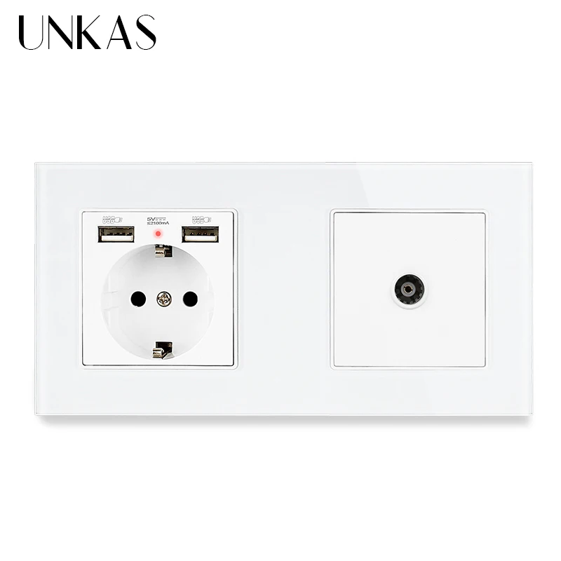 UNKAS Gray Crystal Glass Panel EU Standard Electric Socket With 2 USB + Female TV Connector 172 * 86mm Enchufe Pared Grey