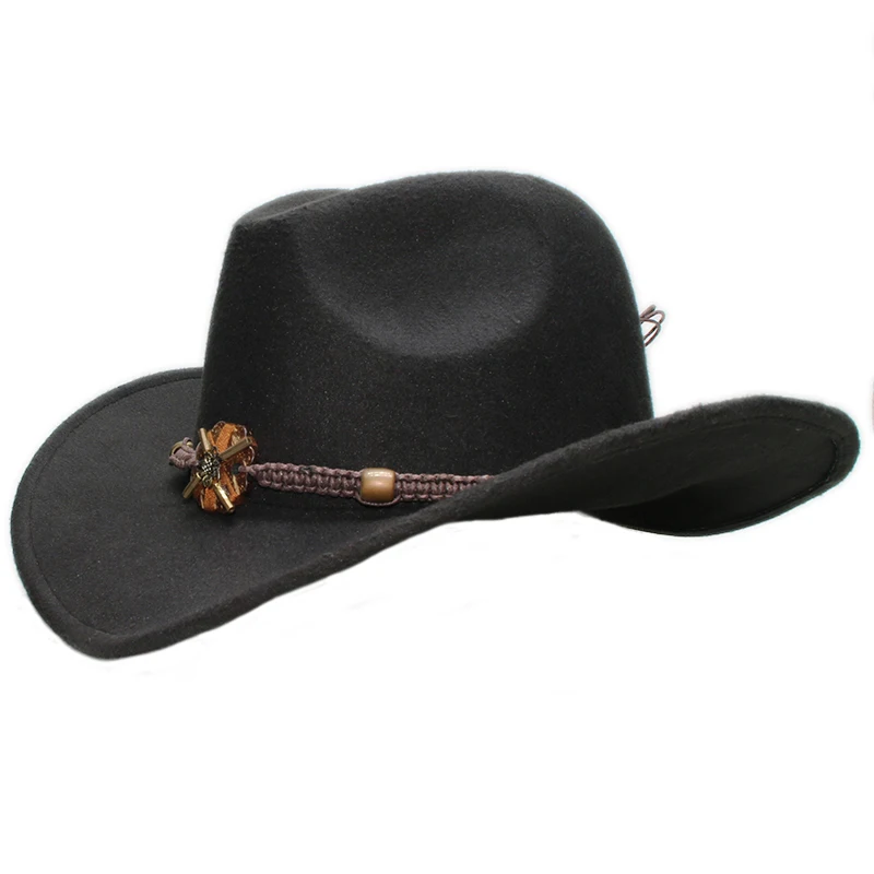 Vintage Parent-child Women Men /Kid Child Wool Wide Brim Cowboy Western Hat Cowgirl Cap Wood Knitted Bead Band (61cm/57cm/54cm