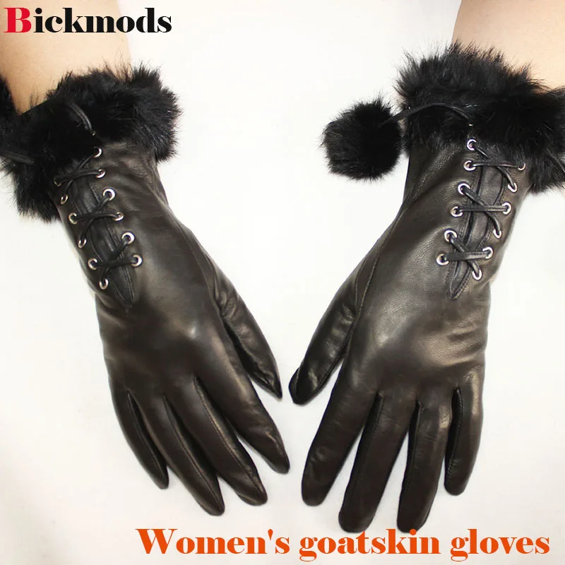 Leather Goatskin Gloves Women's Black Rabbit Fur Cuffs Mid-length Style Thin Wool Lining Hand Repair Keep Warm in Autumn