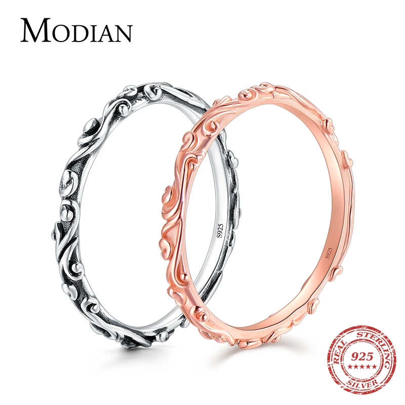 Modian 100% Real 925 Sterling Silver Vintage Pattern Stackable Classic Finger Ring For Women Fashion Wedding Christmas Jewelry