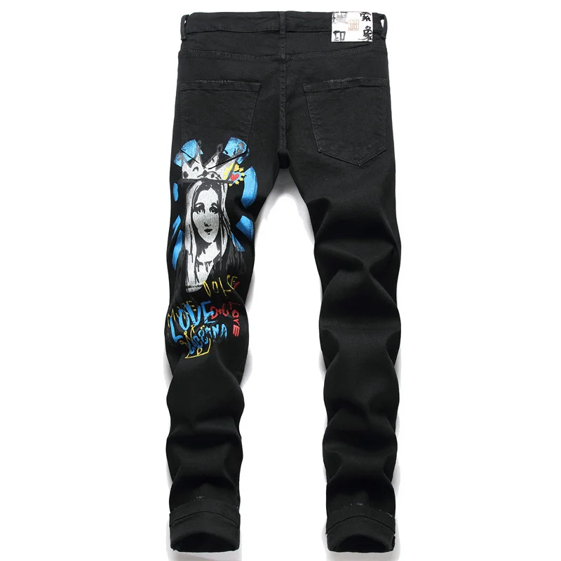 Letter Mens Print Jeans Graffiti Pattern Painting Casual Elastic Cotton Denim HIP HOP Pants Straight Slim Fit Black Bike Trouers