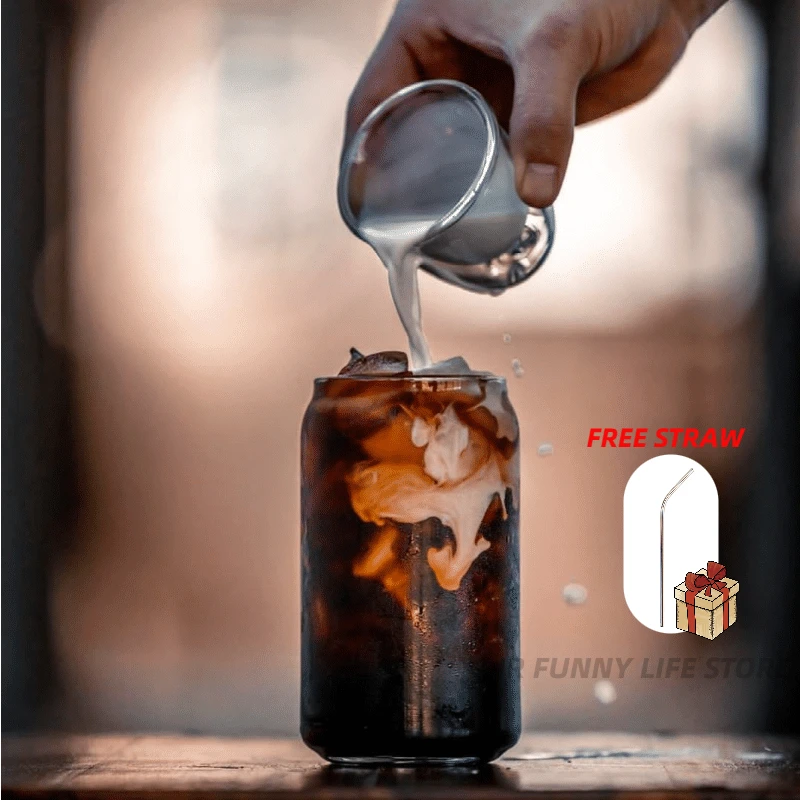 Creative Iced coffee Glass Cup With Straw latté Espresso Mocha Cola Cups Can Glass Transparent Tumbler Drinkware