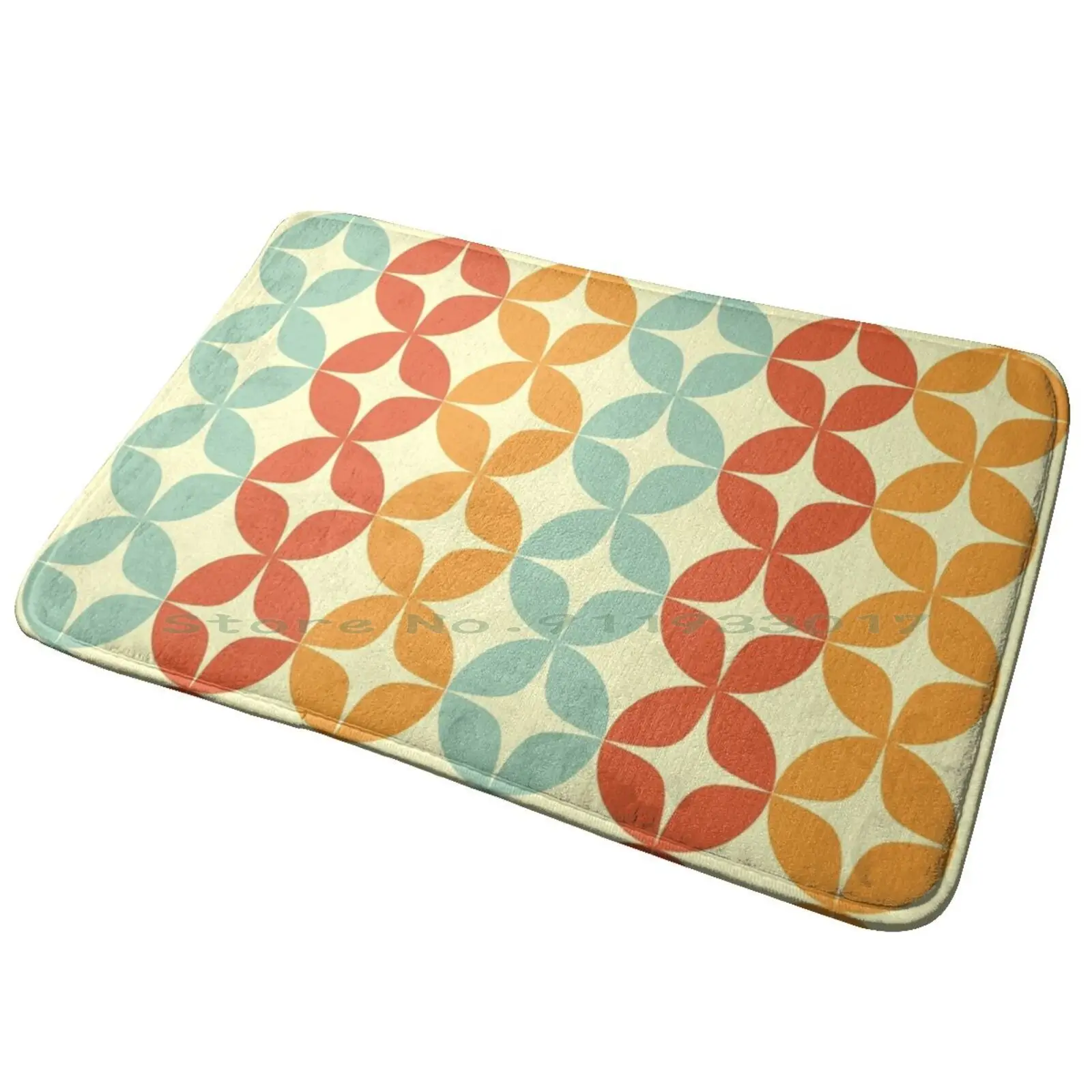 Neutra-Atomic Age Mid Century Modern Pattern In Celadon And Orange On Yellow Cream. Retro Minimalist Entrance Door Mat Bath Mat