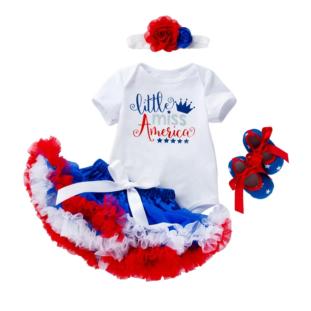 Toddler Summer 4Pcs Newborn Baby Girls American Flag July 4th Bodysuit Headband Outfits Short Sleeve Holiday Clothes Infant Kids