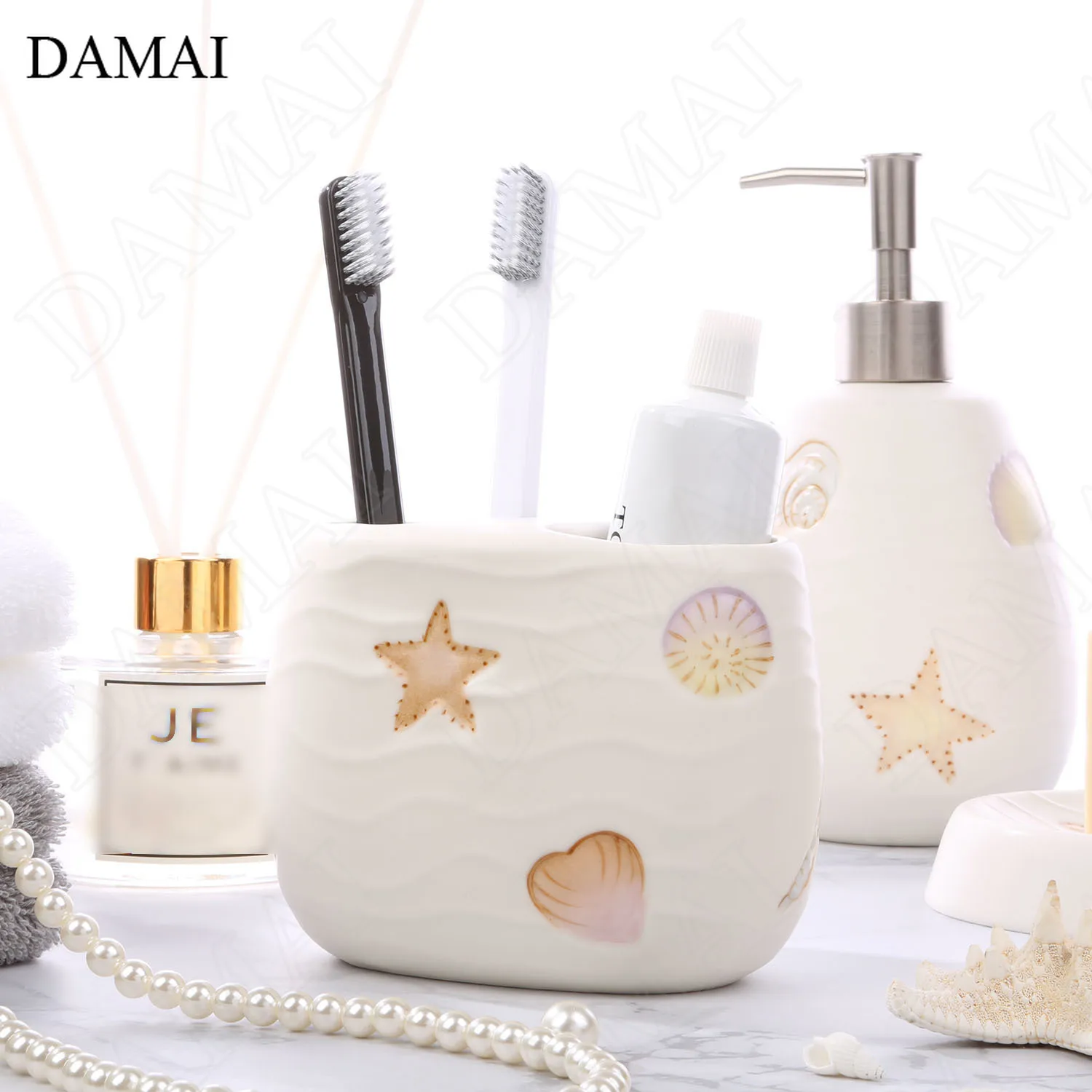 Creative Starfish Shell Relief Bathroom Set Ceramic European Modern Ocean Elements Household Five Piece Set Shower Accessories