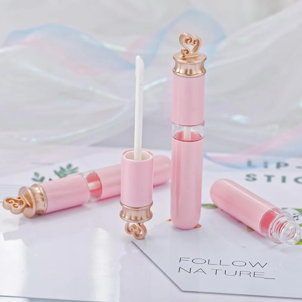 Pink DIY Empty Lip Gloss Tubes Gold Heart Shape Top Lipstick Cosmetic Packaging Container Refillable Bottles 6ml