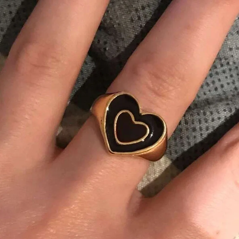 2024 Cute Double Layers Loving Heart Coffee Two-Tone Sweet Loving Heart Drip Ring Couples Matching Gothic Accessories Jewelry