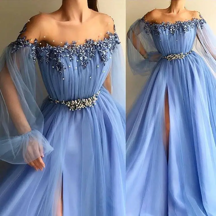 Precioso Vestido largo de fiesta con cuentas de cristal, apliques elegantes, de noche, ilusión larga, manga casquillo, 2019