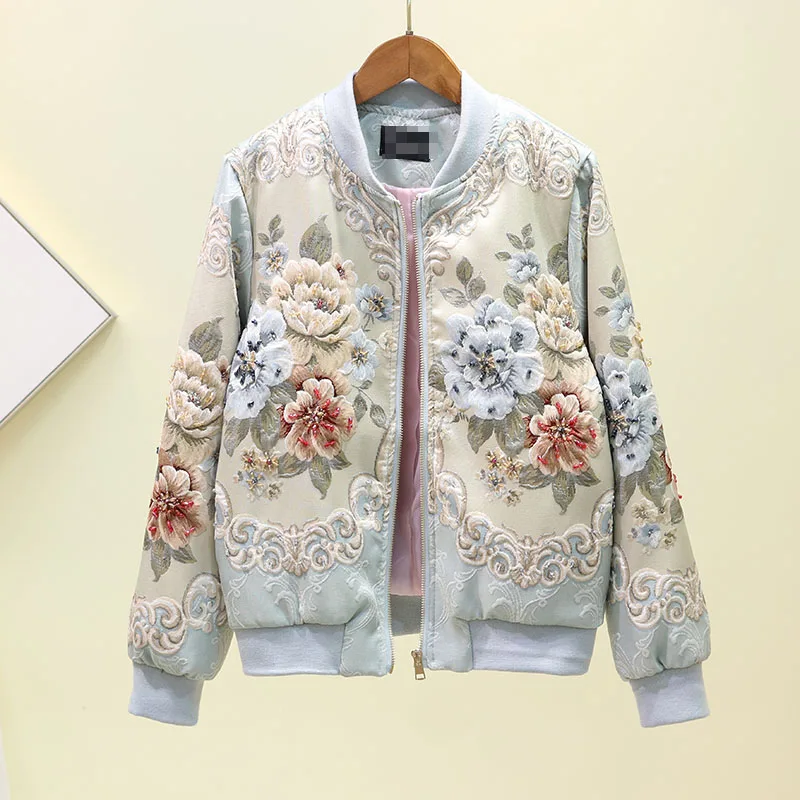 Luxury Palace 3D Jacquard Heavy Flowers Embroidery Baseball Uniform Diamonds Jacket Women Beaded Zipper Cardigan Loose Crop Tops