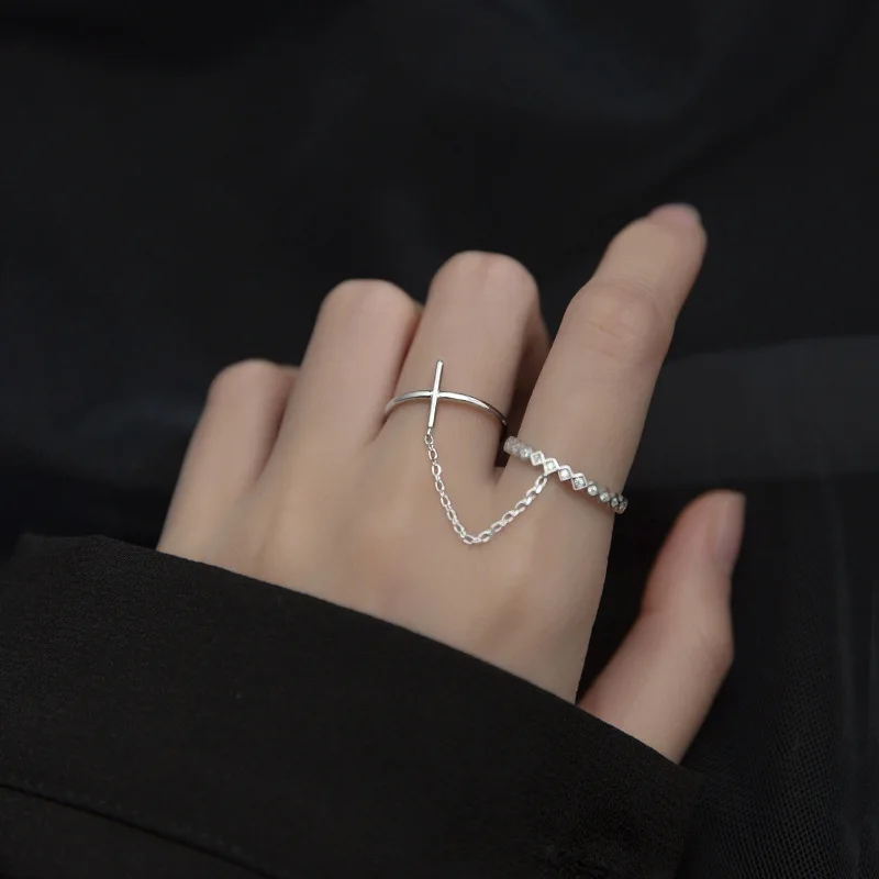 MloveAcc 925 Sterling Silver Chain Cross Combination Open Ring Hip-hop Punk Fashion Personality Finger Ring Women Jewelry Party