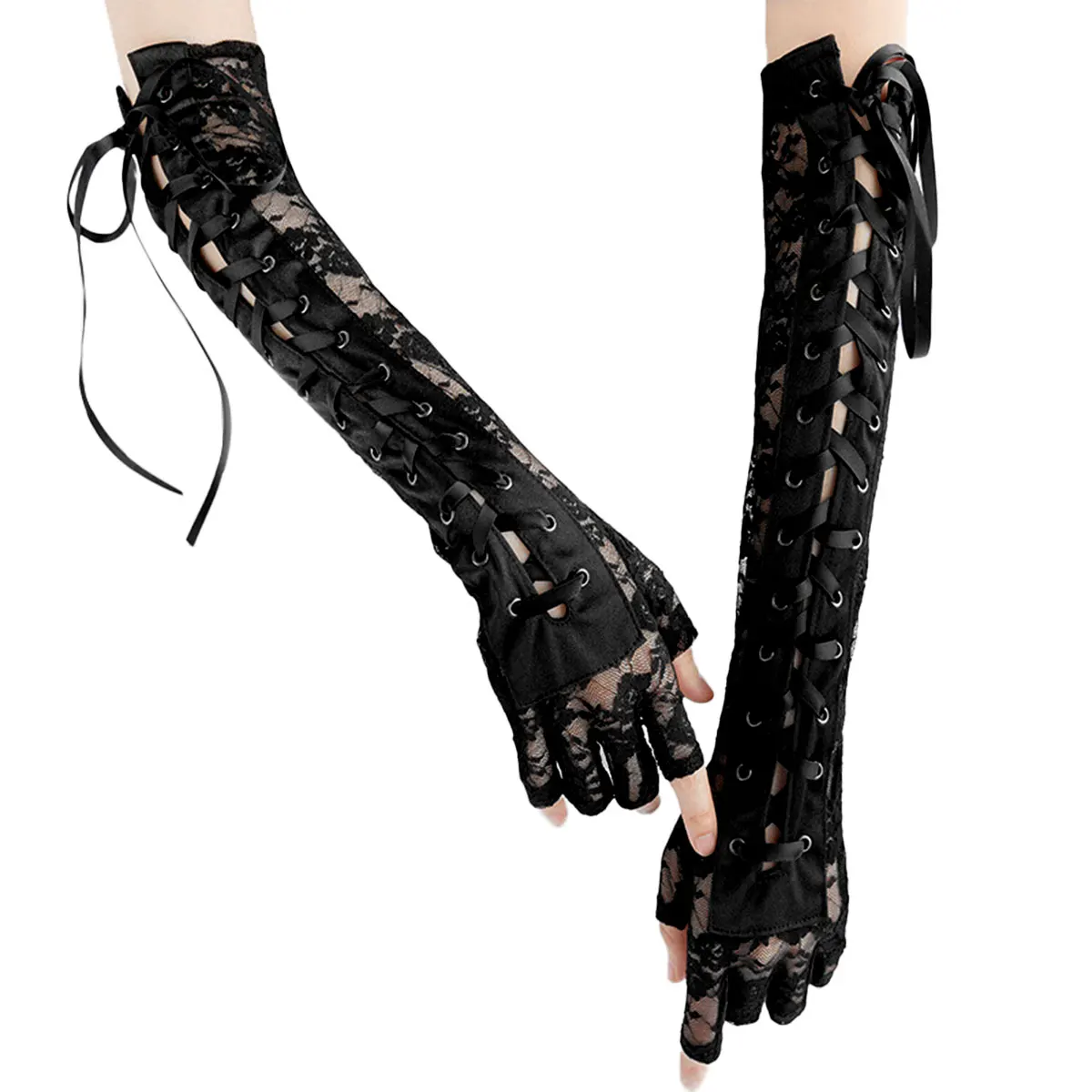 Women Black Lace Gloves Personality Lacing Long Gloves Party Halloween Cosplay Gloves Sexy Cosplay Costume Accessories Gloves