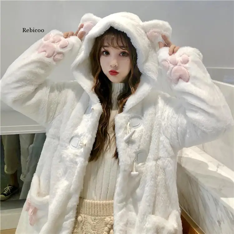 Winter Japanese Sweet Girly Lolita Coats Women Kawaii Outwear Warm Soft Plush Cartoon Anime Cute Cat Ears Hooded Jackets