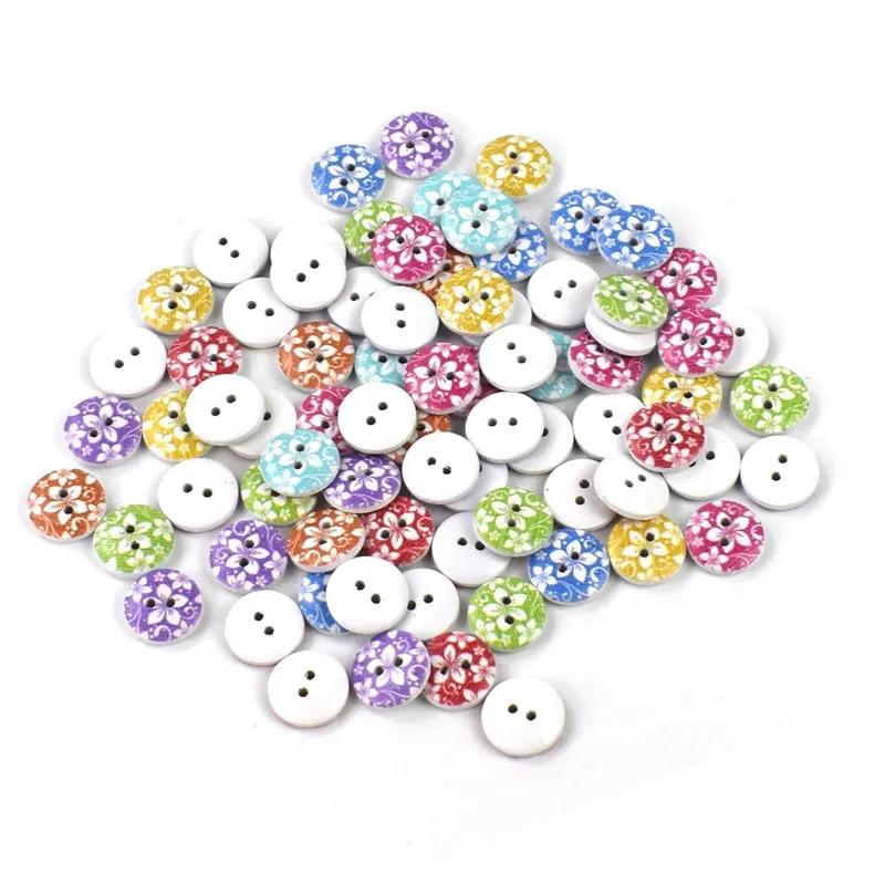 100 sztuk 15MM mieszane okrągłe Dot drewniane przyciski Flatback Cabochon Scrapbooking rzemiosło drewna Knopf Bouton Decor Diy akcesoria