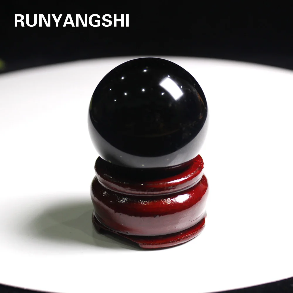 Runyangshi 25-35mm Natural Black Obsidian Sphere Crystal Ball Healing Stone With Stand Home Office Table Ornaments Holiday Gifts