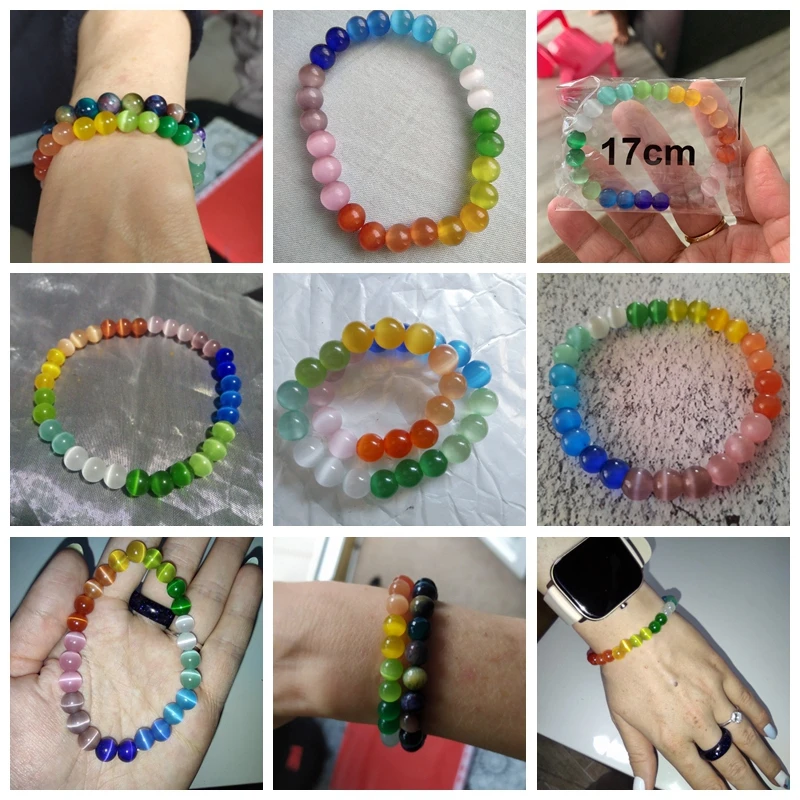 Rainbow 8 mm Cat Eye Stone Beads Bracelets Men Handmade Bracelet For Women Elastic Pulsera Lucky Friendship Party Jewelry Gifts