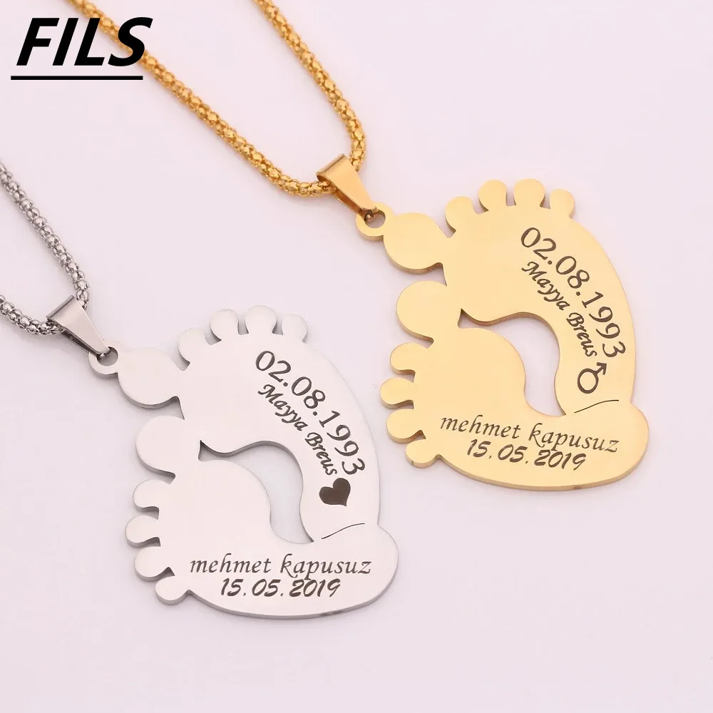 Fils Trendy Name Necklace For Girl Personalized Cute feet Baby Memorialized Name Pendant Necklaces Stainless Steel Jewelry Gift