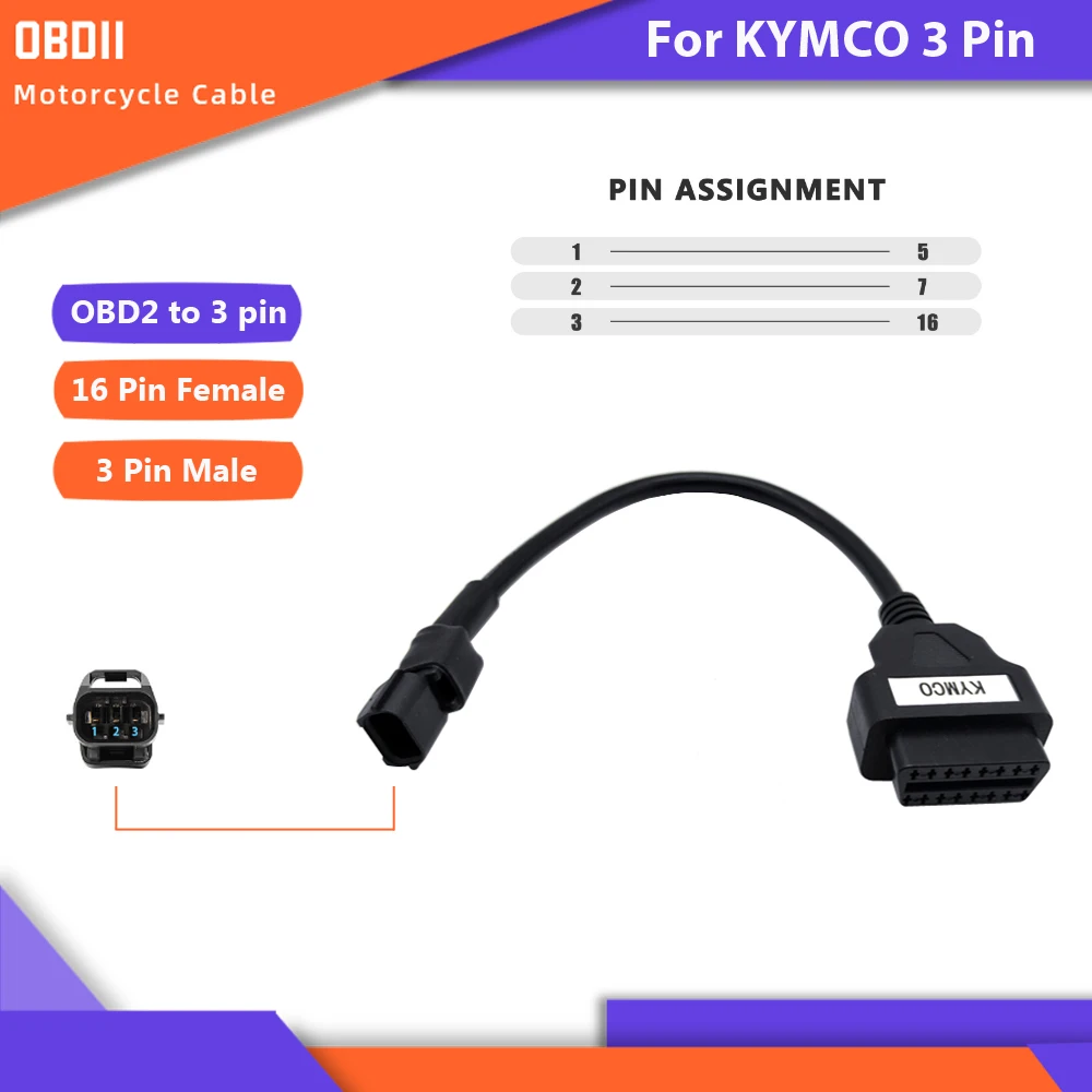 

For KYMCO 3pin OBD Motorcycle Diagnostic Cable Motorbike 3 Pin 16 Pin to OBD2 16Pin Adapter Cable