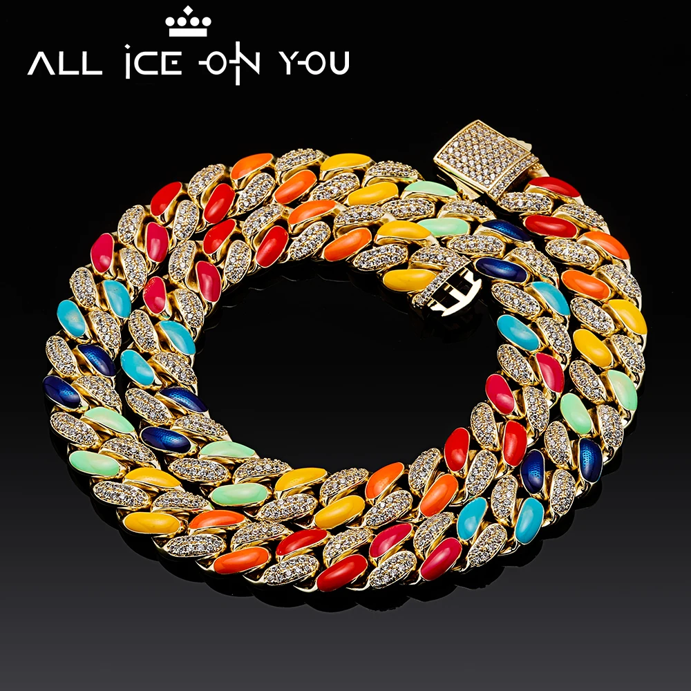 

Alliceonyou New Top Brand Luxury Iced Out Dripping Oil Colorful 14mm Hip Hop Cuban Necklace&Bracelet Set Jewelry Women Gift