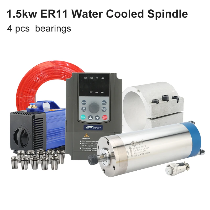 

1.5kw ER11 Water-Cooled Spindle Motor Kit 4 Bearings & 1.5kw Inverter VFD & 80mm Bracket & 80w Water Pump CNC Milling Machine