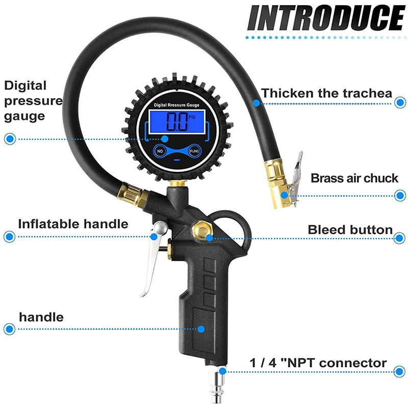 Digital Tire Pressure Gun Inflating Gauge Heavy Duty with Rubber Hose and European Type Quick Connector Tyre Inflator