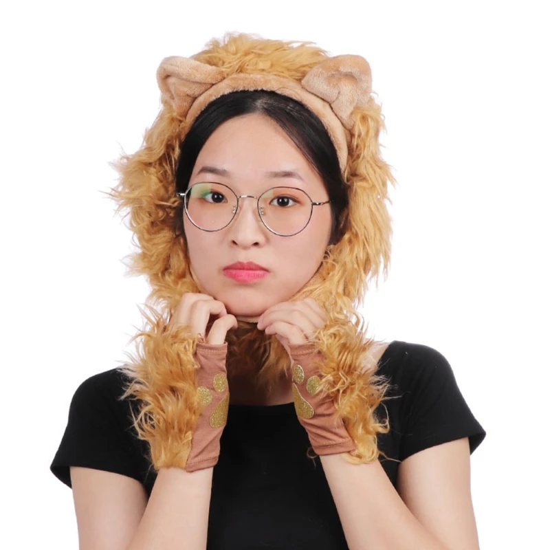 Halloween Costume Lion Plush Ears Headband Tail and Paws Kit Lion Fingerless Costume for Adults Kids Halloween Decor