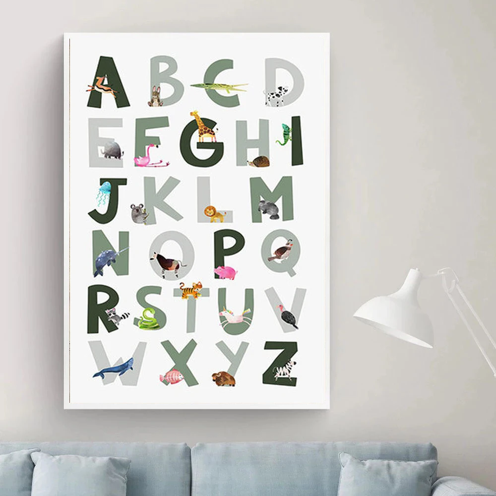 Education ABC Letter Animal Alphabet Poster Canvas Painting Boho Wall Art Picture Print for Kids Room  Nursery Decor Baby Gift