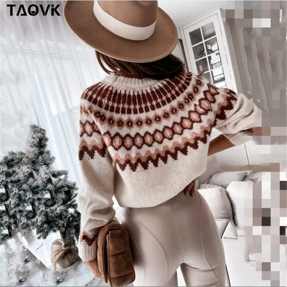 TAOVK Women Sweaters O-neck thick striped Pullovers Female long sleeve Knitting Tops contrast color Sky blue white Sweater