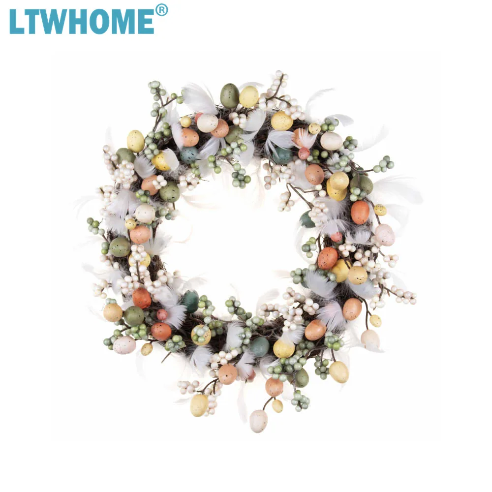 

LTWHOME WHECE 11 Inch Artificial Handmade Easter Wreath With Feathers, Berries, Quail Eggs and Small Bubbles for Front Door