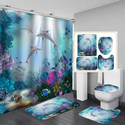 Blue Ocean Underwater World Cute Dolphin 3D Printing Waterproof Shower Curtain With Rug Toilet Cover Bath Mat Set Bathroom Decor