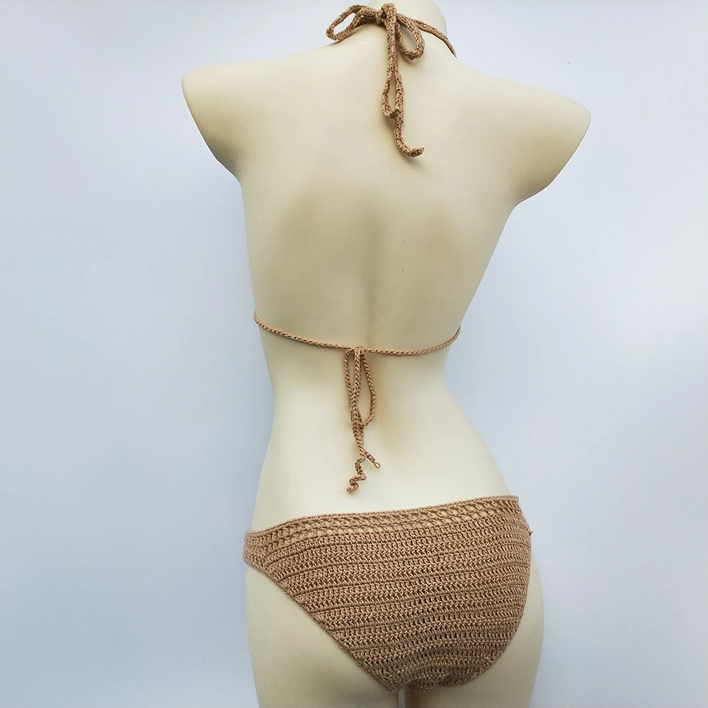 Conjunto de microbikini con almohadilla en el pecho para mujer, traje de baño Sexy de ganchillo, Bikini liso con espalda descubierta, traje de baño