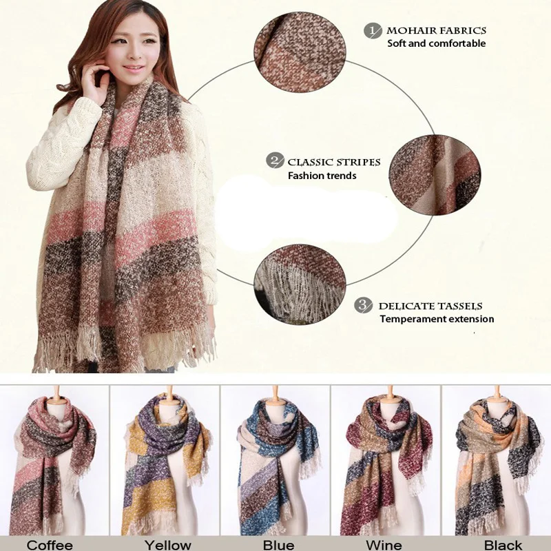 Women Fall Winter Mohair Cashmere Like Scarf Long Size Warm Fashion Scarves & Wraps For Lady Casual Patchwork Accessories