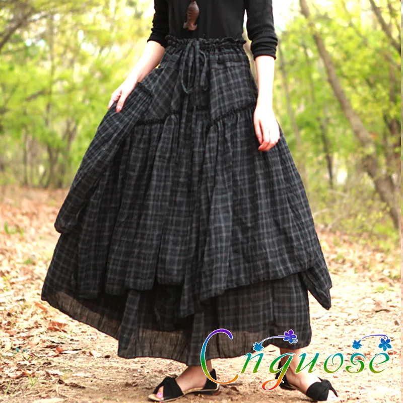 2019 Plus Size 6XL Spring Autumn Female Vintage Casual Lattice Plaid Cotton Retro purple Long Skirt designs / Tutu Skirts Womens