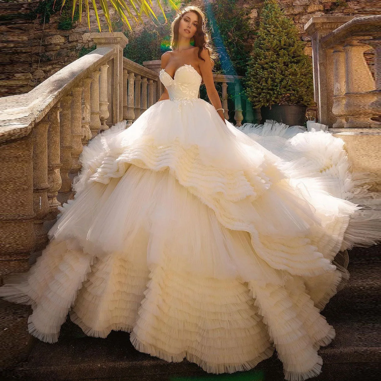 Glamorous-vestidos de novia de tul con escote corazón, sin tirantes, de cintura alta, apliques de lentejuelas, en capas, blanco puro, Tallas grandes