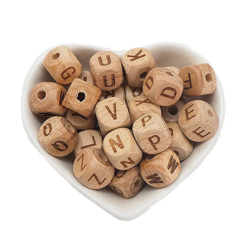 Chenkai 12mm 100PCS Square Wooden Alphabet Beads A-Z Letter beads for Baby Dummy Chewable Nursing Pacifier Chain Accessories