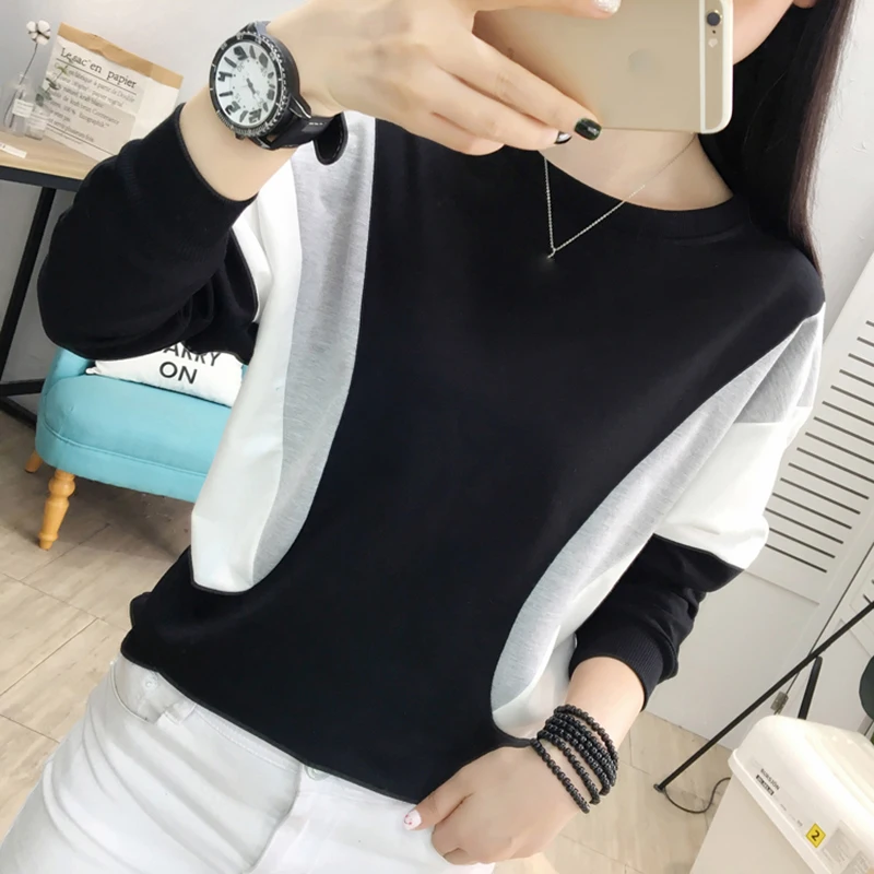 Tee Shirt Femme T Shirt Women Tops 2022 Autumn Korean Style Woman Clothes Patchwork Long Sleeve Casual Loose T-Shirts Camisetas