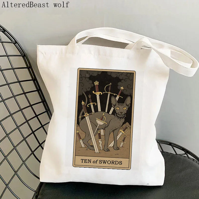 

Женская сумка для покупок Ten of Swords cat Tarot Kawaii bag Harajuku Shopping Canvas Shopper Bag girl Tote Женская сумка через плечо