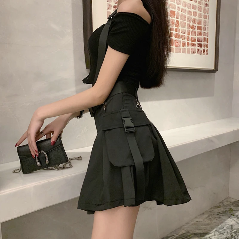 Gothic High Waist Belt Pleated Mini Skirt Women 2021 Fashion Streetwear Korean Womens Hip Hop Cargo Punk Sexy Skirts