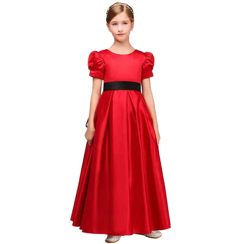 Robe de soirée en satin à manches courtes pour enfants, robes de demoiselle d'honneur vintage, fête d'anniversaire, tout ce qui est rouge, qualité