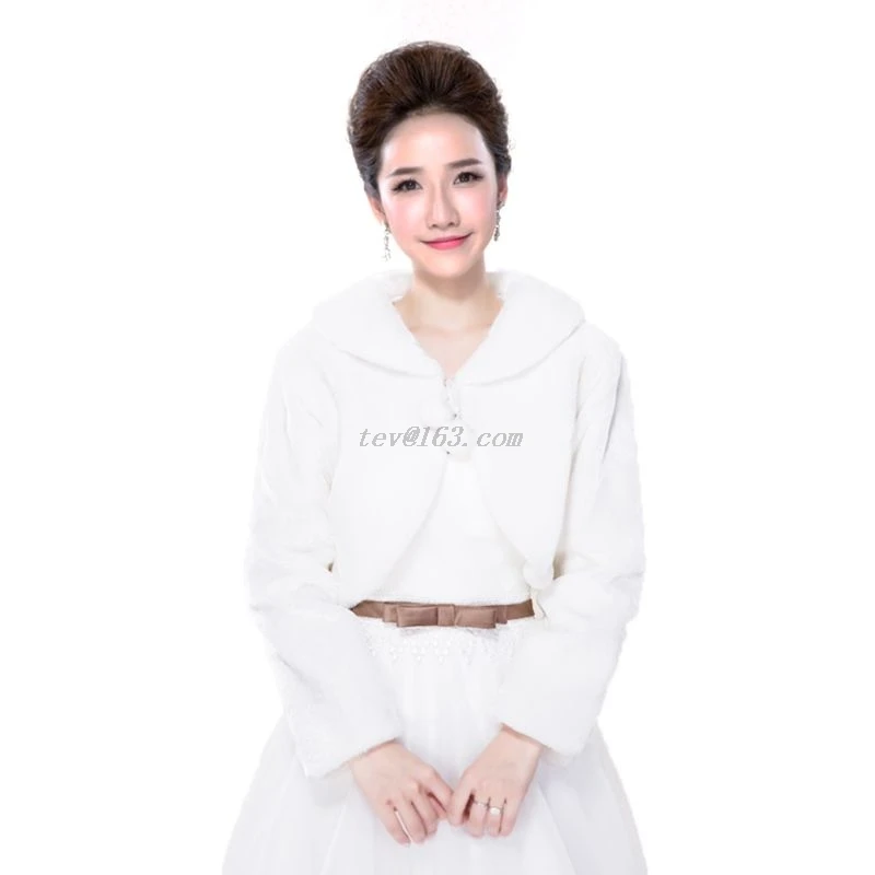 Womens Lady Faux Fur Long Sleeve Shawl Wrap Lapel Collar Pompom Ball Lace Up White Shrug Cape Bridal Wedding Party Coat