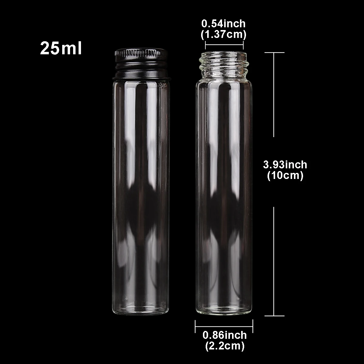 10pcs 25ml 22*100mm Glass Jars Message Bottles with Black Aluminum Lids Empty Glass Bottles Spice Jars for Art Craft