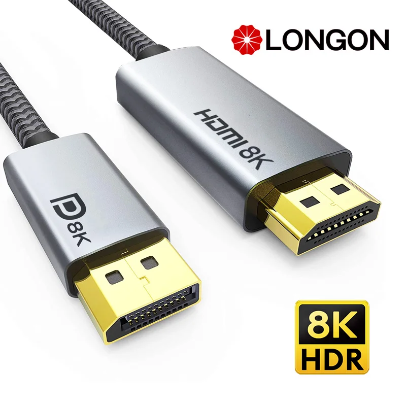 

LONGON 8K DisplayPort to HDMI 2.1 8K Cable 8K 30Hz 4K 120Hz HDR for PC Laptop TV SONY LG ASUS Lenovo DELL HP Monitor VR AR Cord