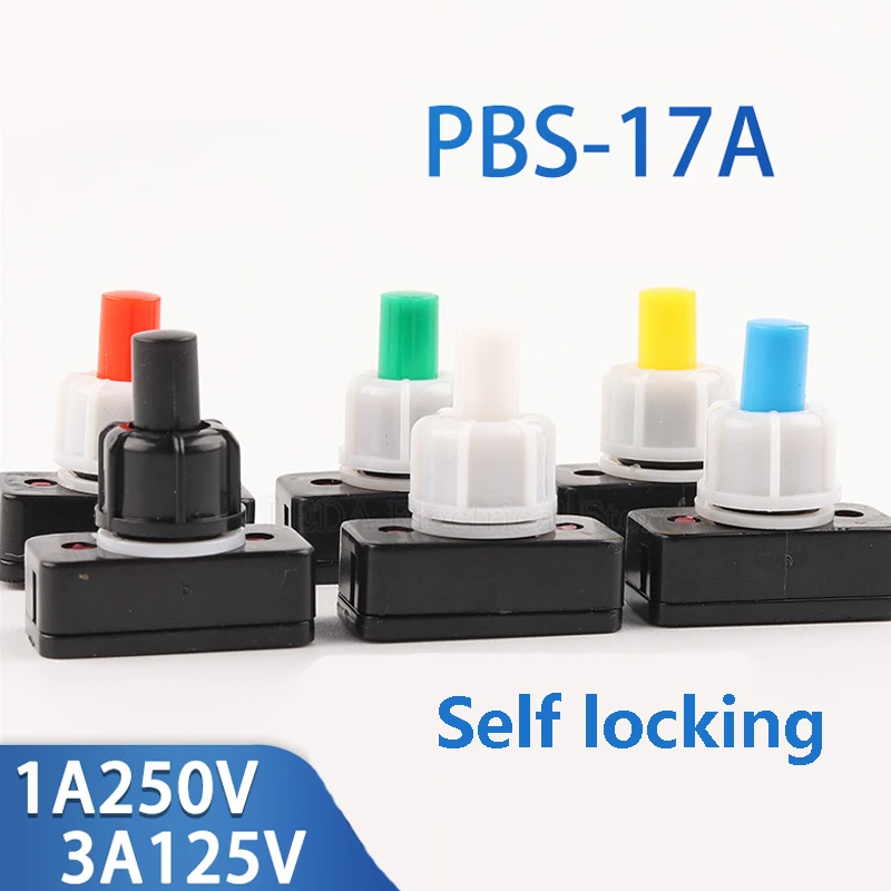 6Pcs PBS-17A 10mm ON-OFF Plastic Push Button Switch Square Mini Self Locking Black/White/Red/Green/Yellow/Blue