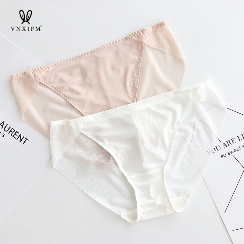 summer pure color mulberry silk ultra-thin panties soft skinny sexy briefs vertical stripes lace transparent mid-waist pantise