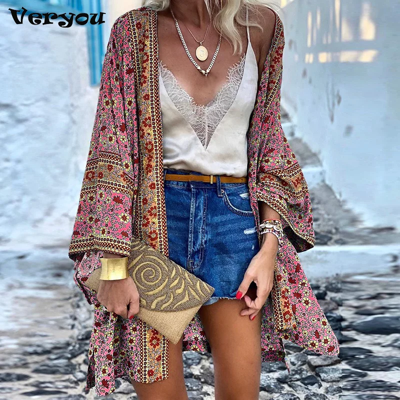 2021 Women Boho Print Floral Beachwear Kimono Cardigan Loose Long Sleeve Shawl Capes Blouse Bikini Cover Wrap Outdoor Thin Coat