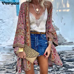 2021 kobiet Boho kwiecisty nadruk kostiumy kąpielowe kardigan Kimono luźna z długim rękawem szal peleryny bluzka osłona do Bikini Wrap Outdoor cienki płaszcz